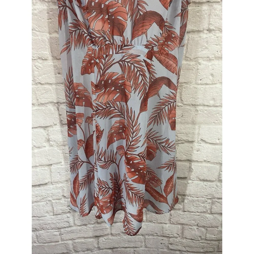 CAbi 5381 Isabel Blue Coral Palm Leaf Print Ruffle Summer Dress M Tropical Beach